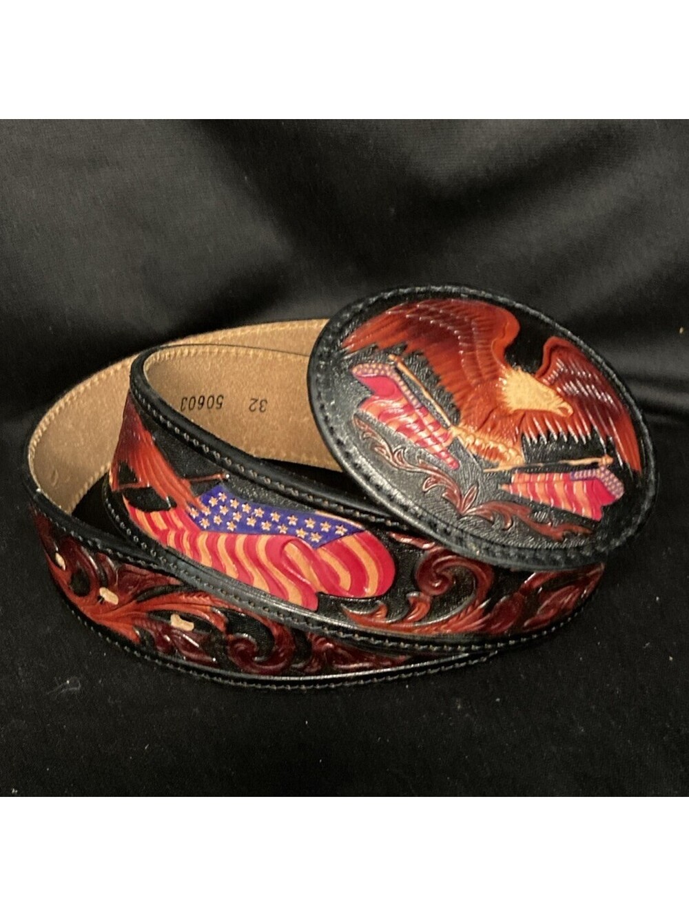Tony Lama American Heritage Leather Tooled Belt And Buckle Mens 32 Eagle Flag
